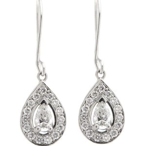 Classic art deco style drop earrings with a pear shape main diamond and a halo of round brilliant cut diamonds platinum gold