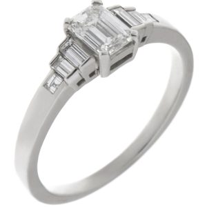 Classic art deco style modern ring Emerald cut diamond stone step graduated baguette cut diamonds engagement 1920's platinum gold