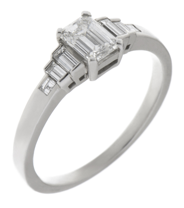 Classic art deco style modern ring Emerald cut diamond stone step graduated baguette cut diamonds engagement 1920's platinum gold