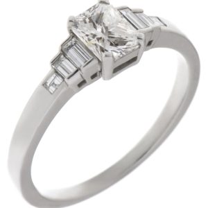 Classic art deco style modern ring Radiant cut diamond stone step graduated baguette cut diamonds engagement 1920's platinum gold