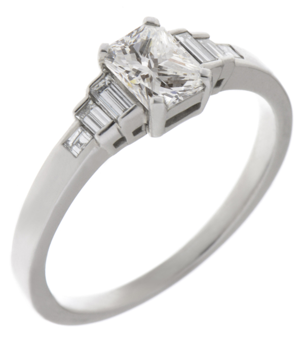 Classic art deco style modern ring Radiant cut diamond stone step graduated baguette cut diamonds engagement 1920's platinum gold