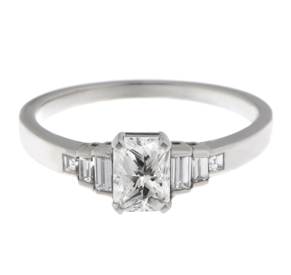 Classic art deco style modern ring Radiant cut diamond stone step graduated baguette cut diamonds engagement 1920's platinum gold