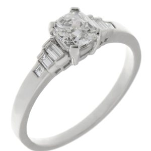 Classic art deco style modern ring Cushion cut diamond stone step graduated baguette cut diamonds engagement 1920's platinum gold