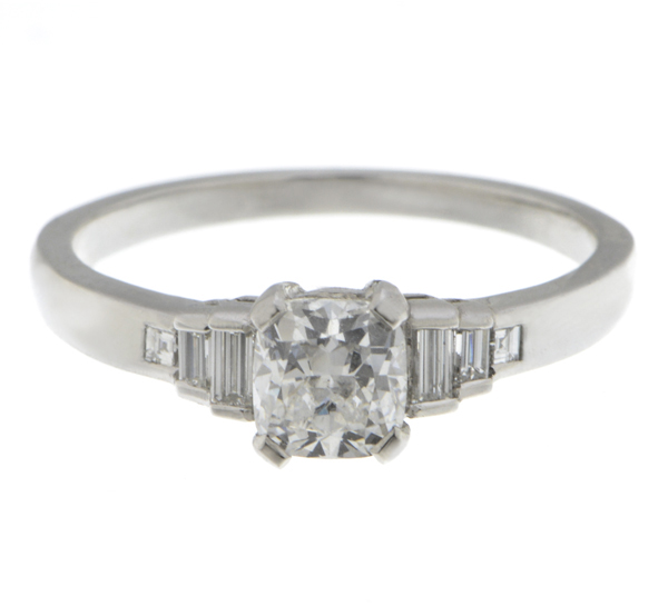 Classic art deco style modern ring Cushion cut diamond stone step graduated baguette cut diamonds engagement 1920's platinum gold