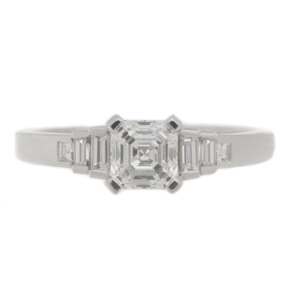 Classic art deco style modern ring Asscher cut diamond stone step graduated baguette cut diamonds engagement platinum gold