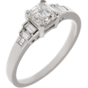 Classic art deco style modern ring Asscher cut diamond stone step graduated baguette cut diamonds engagement platinum gold