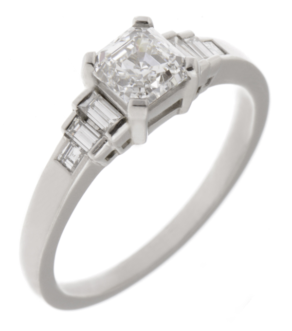 Classic art deco style modern ring Asscher cut diamond stone step graduated baguette cut diamonds engagement platinum gold