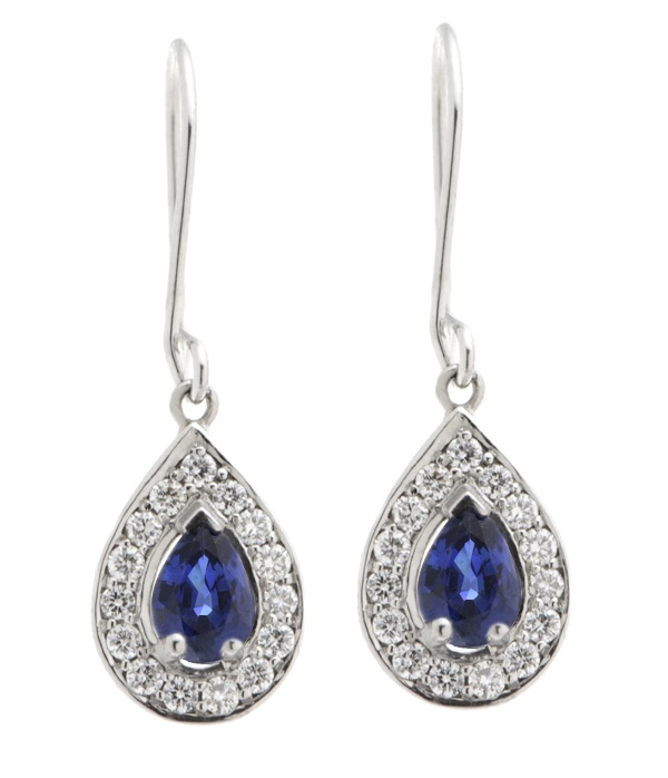 Classic art deco style Blue Sapphire drop earrings with pear shape main sapphires and a halo of round brilliant cut diamonds platinum gold