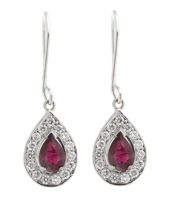 Classic art deco style Ruby drop earrings with pear shape main Rubies and a halo of round brilliant cut diamonds platinum gold