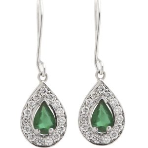 Classic art deco style Emerald drop earrings with pear shape main Emeralds and a halo of round brilliant cut diamonds platinum gold