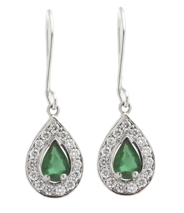Classic art deco style Emerald drop earrings with pear shape main Emeralds and a halo of round brilliant cut diamonds platinum gold