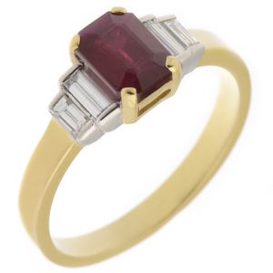 Classic art deco style modern ring Emerald cut step Ruby four baguette cut diamonds engagement 1920's platinum gold