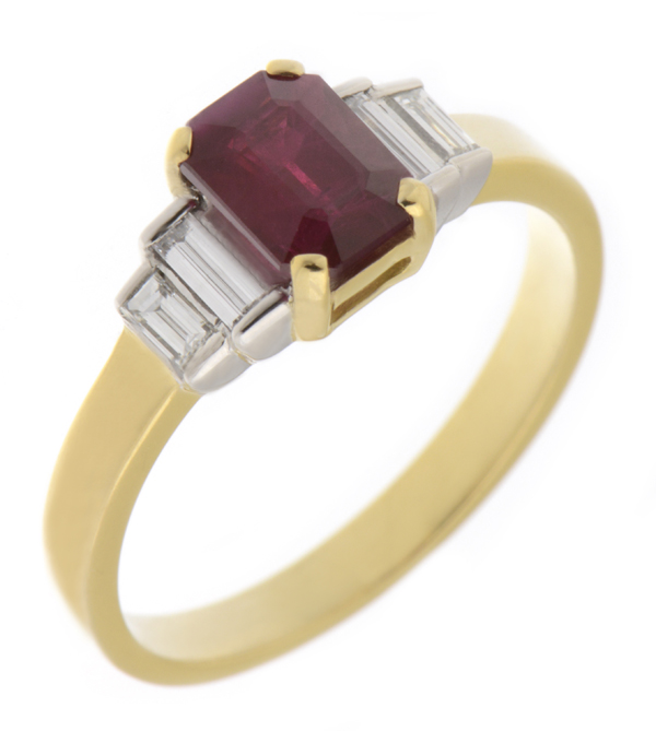Classic art deco style modern ring Emerald cut step Ruby four baguette cut diamonds engagement 1920's platinum gold