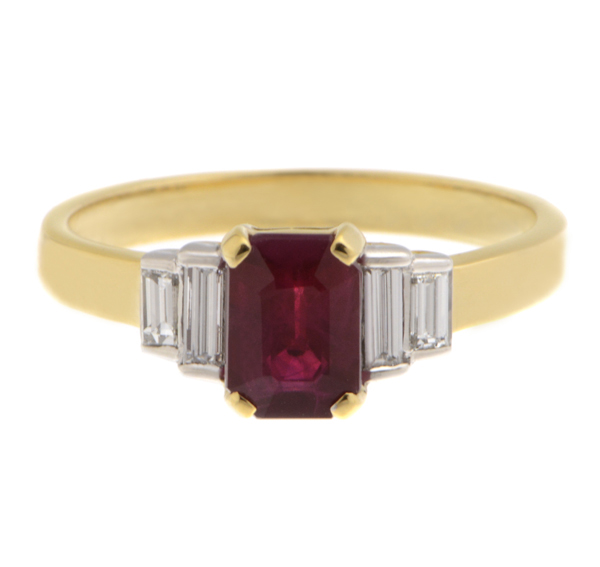 Classic art deco style modern ring Emerald cut step Ruby four baguette cut diamonds engagement 1920's platinum gold