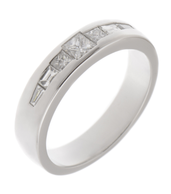 Elegant art deco half eternity style ring princess cut diamond & baguette cut diamonds Contemporary modern Platinum Gold