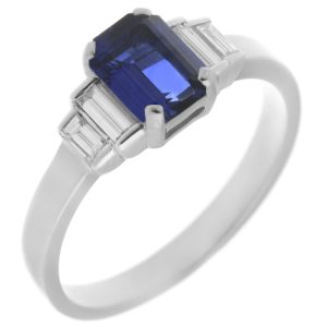 Classic art deco style modern ring Emerald cut step Blue Sapphire four baguette cut diamonds engagement 1920's platinum gold
