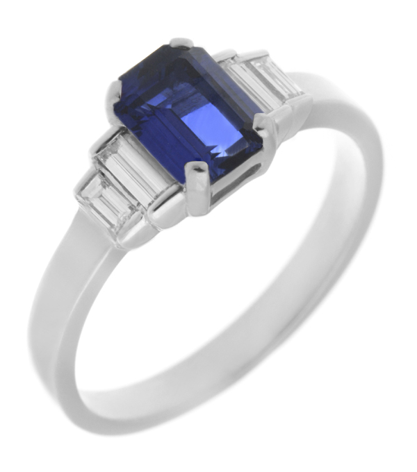 Classic art deco style modern ring Emerald cut step Blue Sapphire four baguette cut diamonds engagement 1920's platinum gold