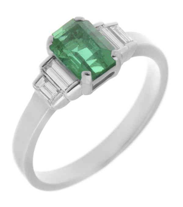 Classic art deco style modern ring Green Emerald cut step four baguette cut diamonds engagement 1920's platinum gold