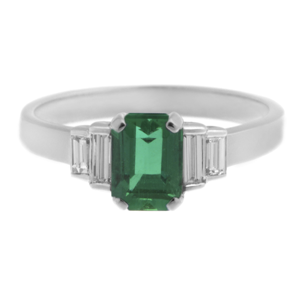 Classic art deco style modern ring Green Emerald cut step four baguette cut diamonds engagement 1920's platinum gold