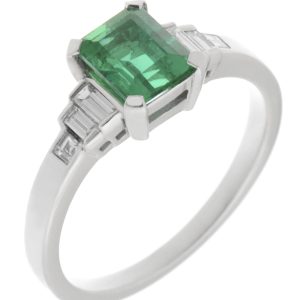 Classic art deco style modern ring Green Emerald cut step baguette cut diamonds engagement 1920's platinum gold
