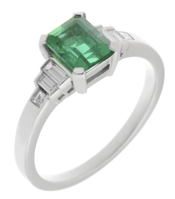 Classic art deco style modern ring Green Emerald cut step baguette cut diamonds engagement 1920's platinum gold