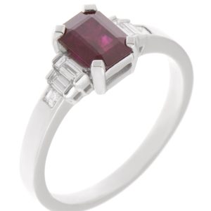 Classic art deco style modern ring Ruby cut step baguette cut diamonds engagement 1920's platinum gold