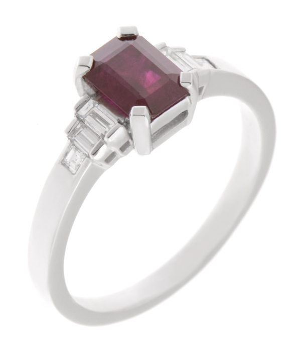 Classic art deco style modern ring Ruby cut step baguette cut diamonds engagement 1920's platinum gold