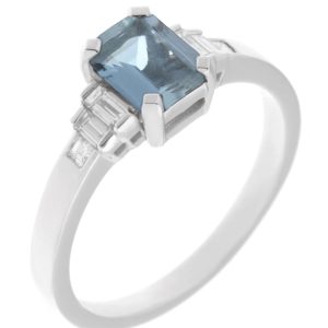 Classic art deco style modern ring Emerald cut Aqua Aquamarine step baguette cut diamonds engagement 1920's platinum gold