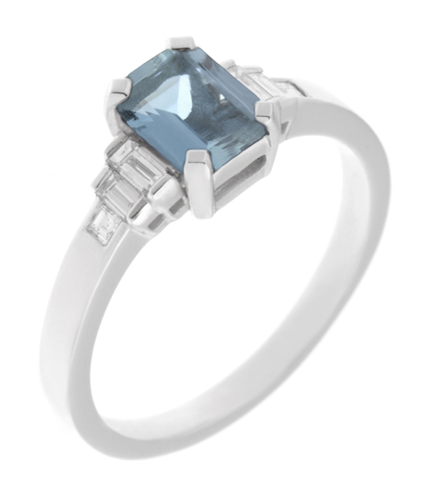 Classic art deco style modern ring Emerald cut Aqua Aquamarine step baguette cut diamonds engagement 1920's platinum gold