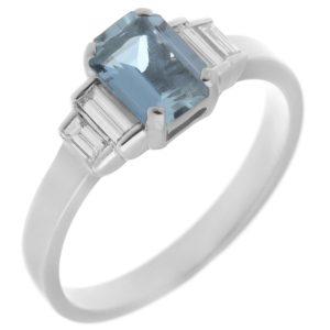 Classic art deco style modern ring Emerald cut step aqua aquamarine four baguette cut diamonds engagement 1920's platinum gold