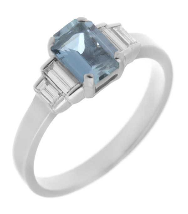 Classic art deco style modern ring Emerald cut step aqua aquamarine four baguette cut diamonds engagement 1920's platinum gold