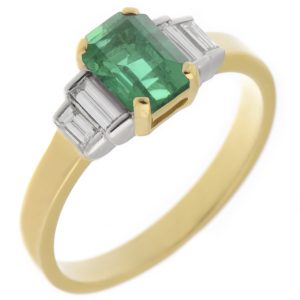 Classic art deco style modern ring Green Emerald cut step four baguette cut diamonds engagement 1920's platinum gold