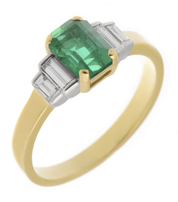 Classic art deco style modern ring Green Emerald cut step four baguette cut diamonds engagement 1920's platinum gold