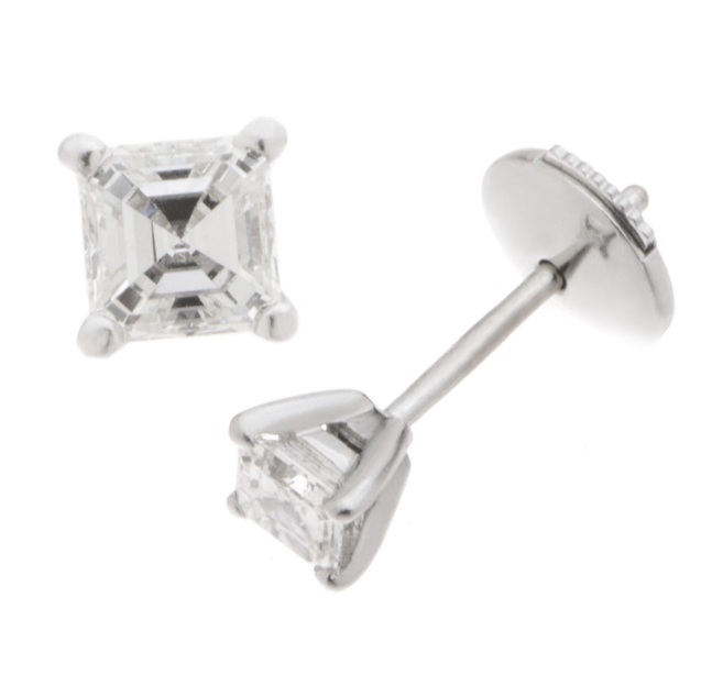 Modern Classic diamond stud earrings style four 4 claw setting asscher cut modified emerald diamonds platinum gold