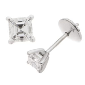 Modern Classic diamond stud earrings style four 4 claw setting asscher cut Lab grown modified emerald diamonds platinum gold