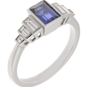 Classic 1920's Art Deco style ring rubover rubbed over set baguette cut blue sapphire stepped baguette cut diamonds Platinum gold