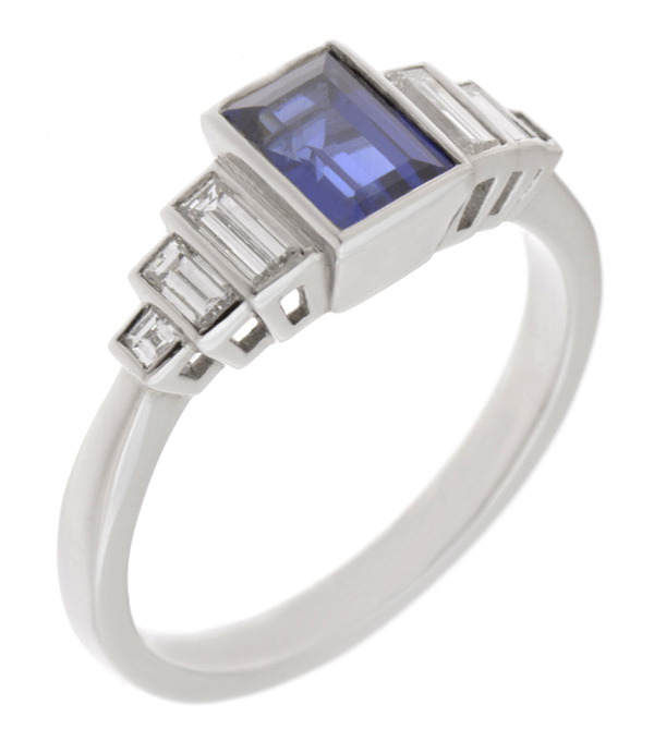 Classic 1920's Art Deco style ring rubover rubbed over set baguette cut blue sapphire stepped baguette cut diamonds Platinum gold