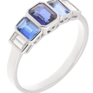 1920's art deco design five stone eternity style ring Blue Sapphire Aqua & baguette cut diamonds Platinum Gold