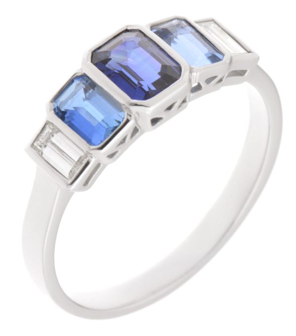 1920's art deco design five stone eternity style ring Blue Sapphire Aqua & baguette cut diamonds Platinum Gold