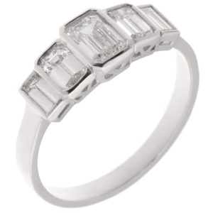 1920's art deco design five stone eternity style ring emerald cut diamond emerald & baguette cut diamonds Platinum Gold