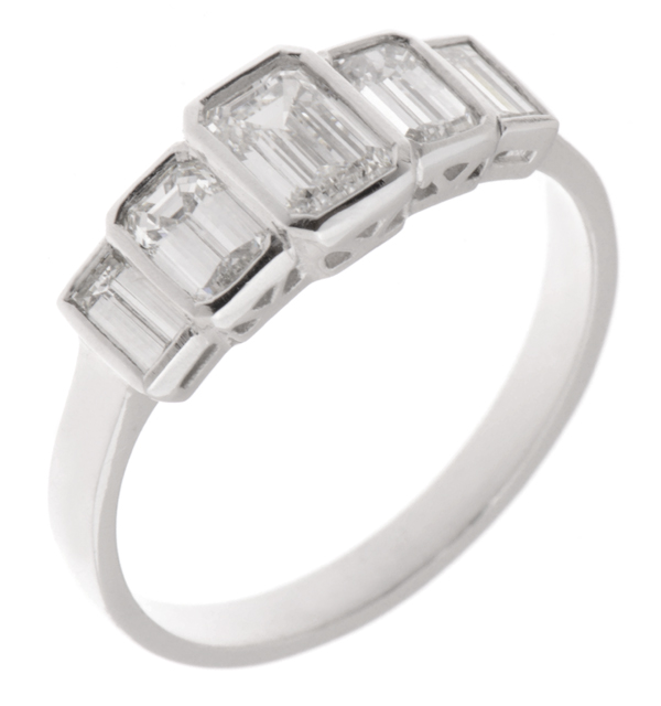 1920's art deco design five stone eternity style ring emerald cut diamond emerald & baguette cut diamonds Platinum Gold