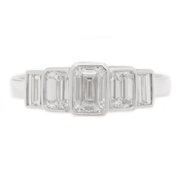 1920's art deco design five stone eternity style ring emerald cut diamond emerald & baguette cut diamonds Platinum Gold