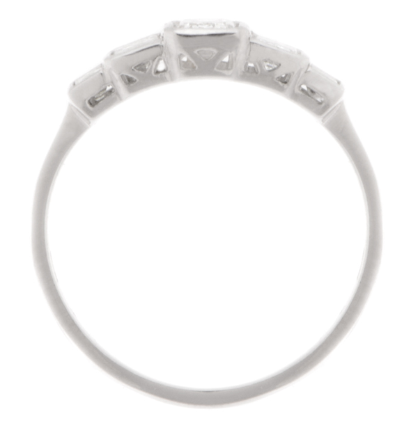 1920's art deco design five stone eternity style ring emerald cut diamond emerald & baguette cut diamonds Platinum Gold