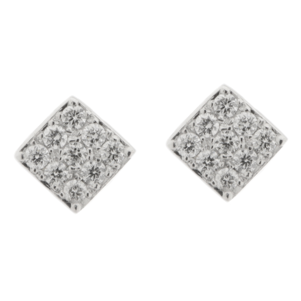 Modern Grain set round brilliant cut Diamond cluster style earrings set in an offset square design Platinum Gold
