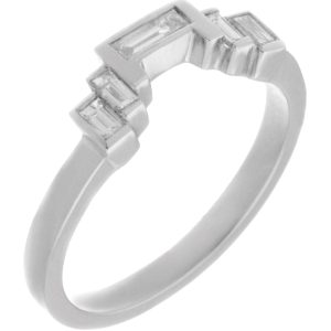 Art deco style shaped stepped ring baguette cut diamonds designer wedding band Platinum Gold