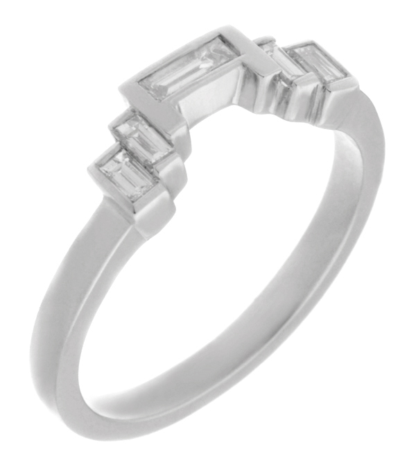 Art deco style shaped stepped ring baguette cut diamonds designer wedding band Platinum Gold