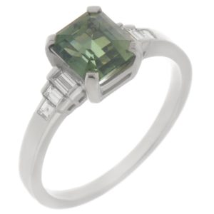Classic art deco style modern ring Green Sapphire cut step baguette cut diamonds engagement 1920's platinum gold
