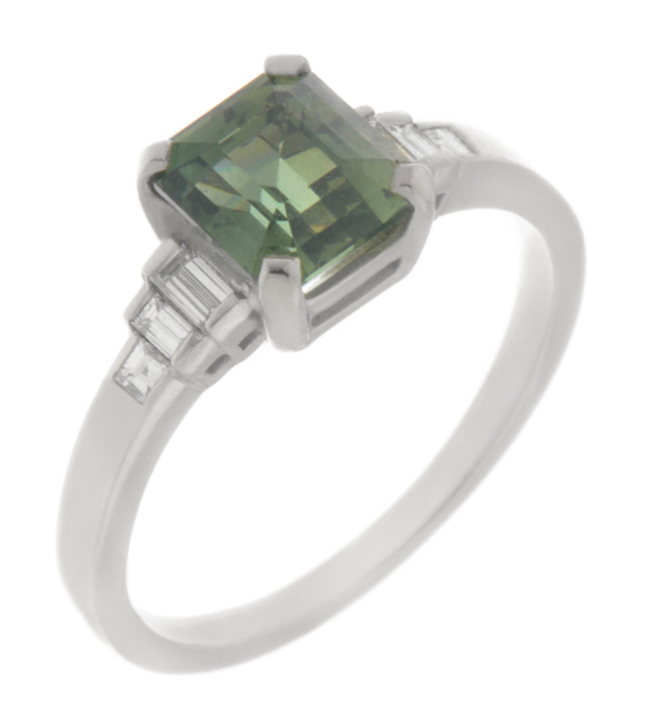 Classic art deco style modern ring Green Sapphire cut step baguette cut diamonds engagement 1920's platinum gold
