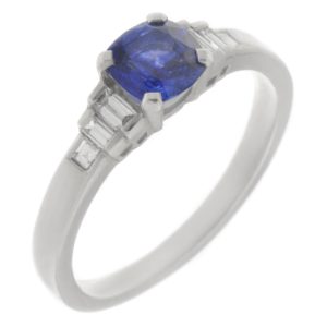 Classic art deco style modern ring Cushion Blue Sapphire cut step baguette cut diamonds engagement 1920's platinum gold