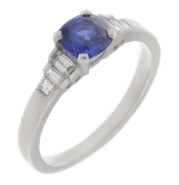 Classic art deco style modern ring Cushion Blue Sapphire cut step baguette cut diamonds engagement 1920's platinum gold